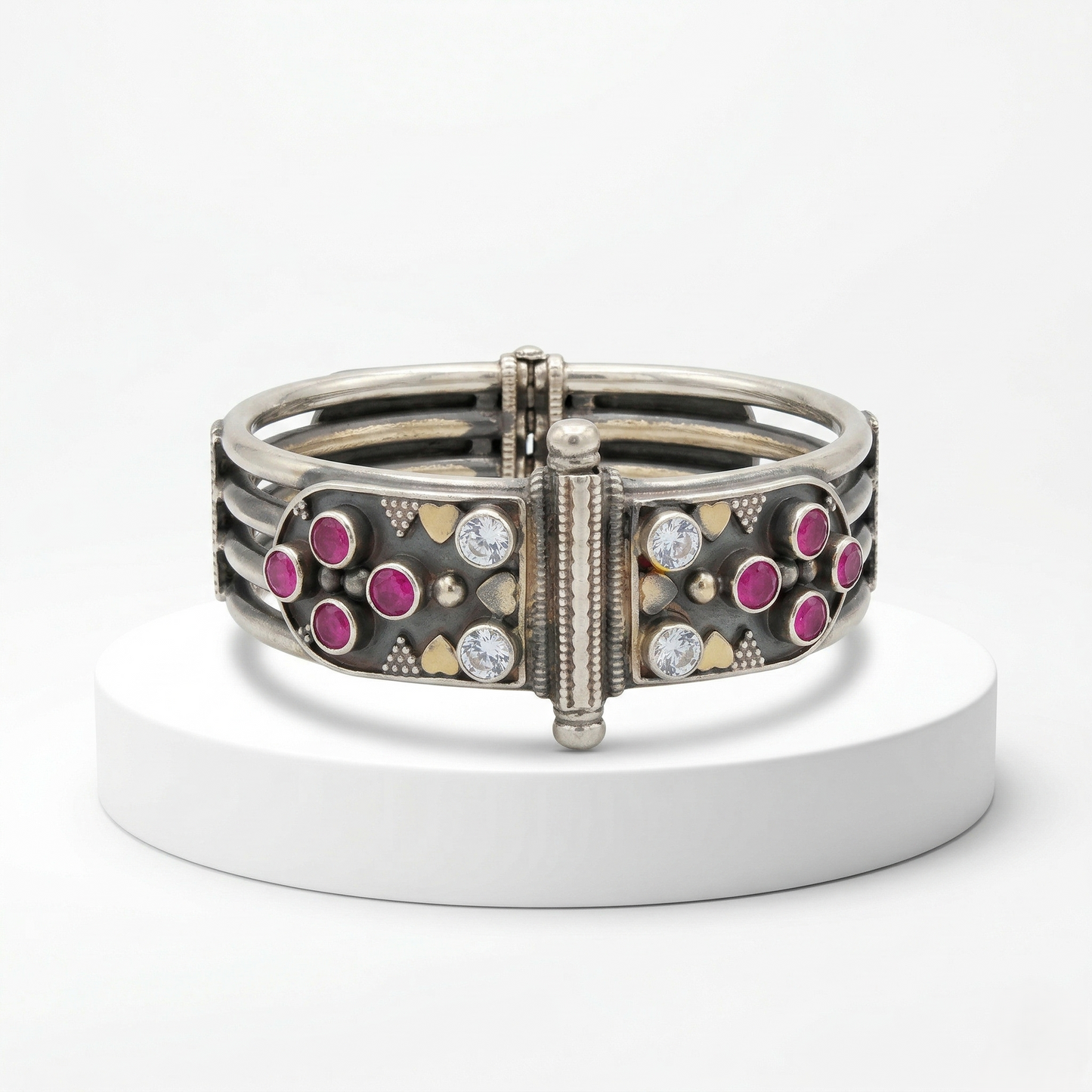 Vintage Oxidized Silver Ruby Floral Kada