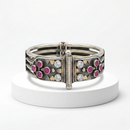 Vintage Oxidized Silver Ruby Floral Kada