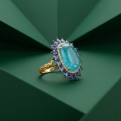 Azure Glow Ornate Silver Floral Ring