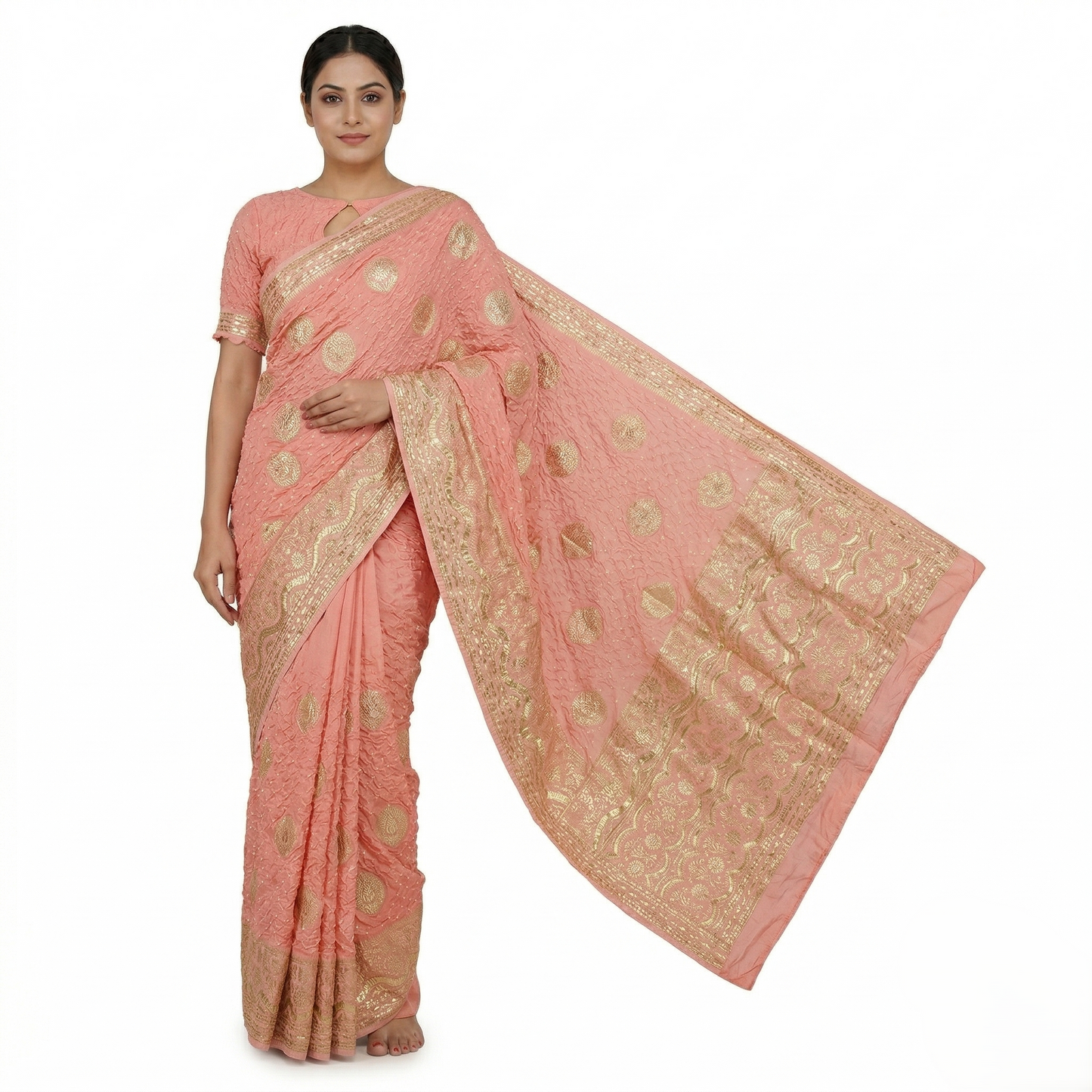 Peach Bandhani Saree with Gold Zari