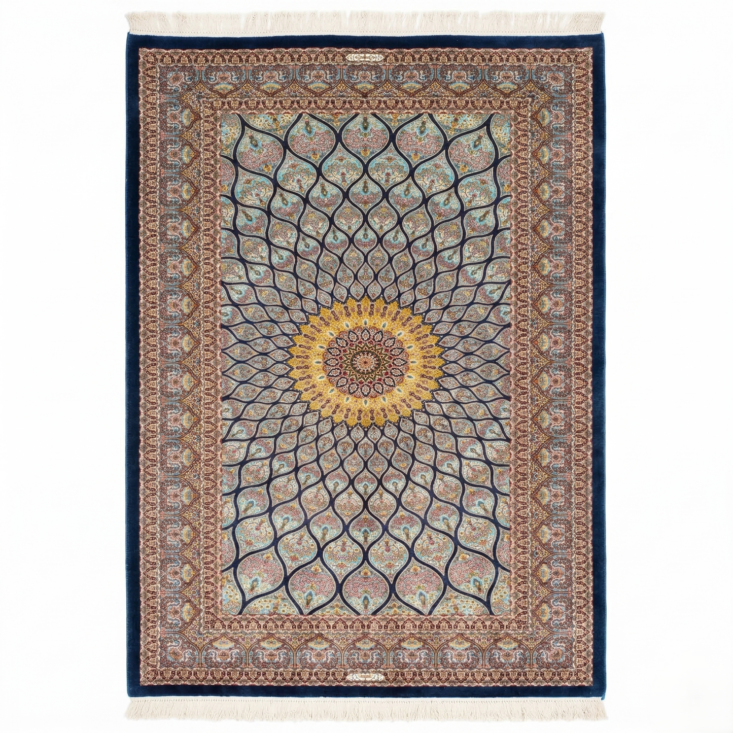 Handcrafted Persian Motif Floral Silk Rug