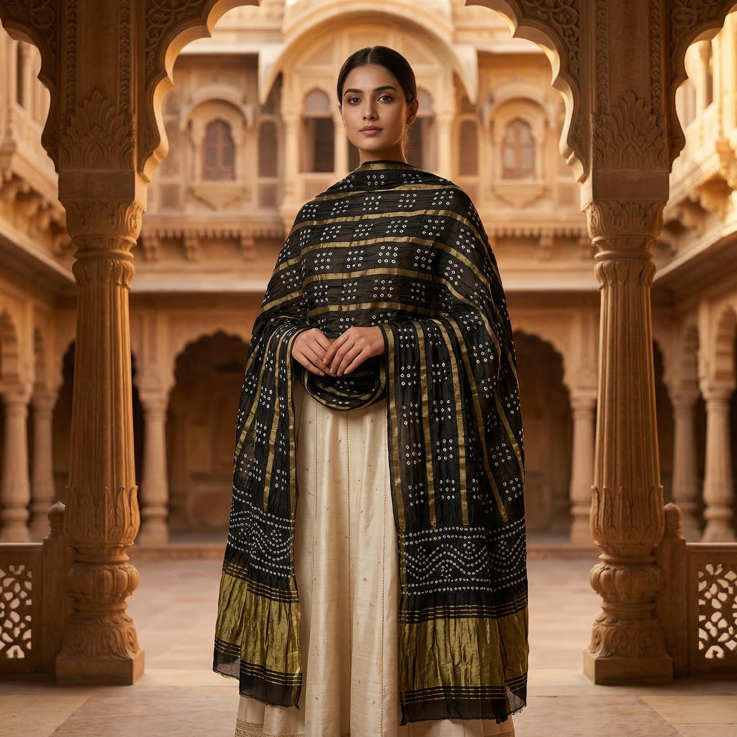 Black Bandhani Silk Dupatta With Zari