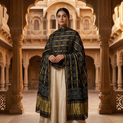 Black Bandhani Silk Dupatta With Zari