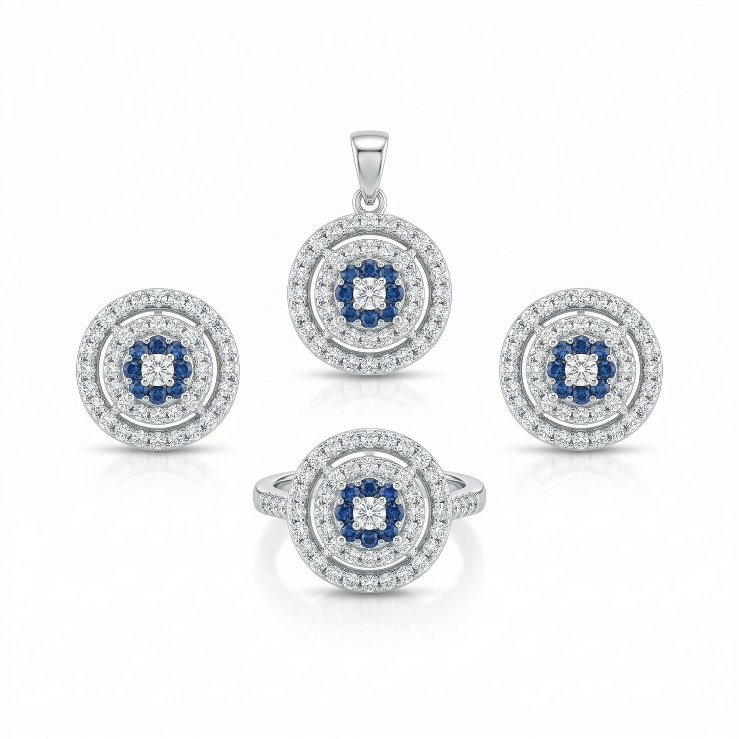 Celestial Sapphire Halo Silver Pendant Set