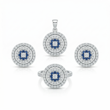 Celestial Sapphire Halo Silver Pendant Set