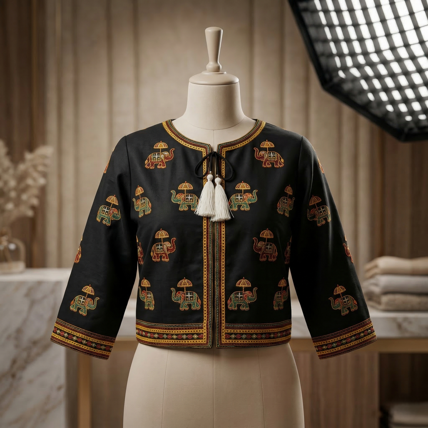 Heritage Gold Elephant Embroidered Ethnic Jacket