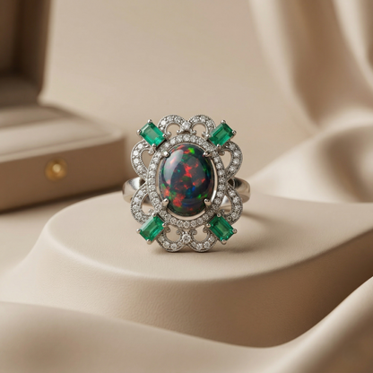 Vintage Floral Black Opal Silver Ring