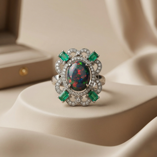 Vintage Floral Black Opal Silver Ring