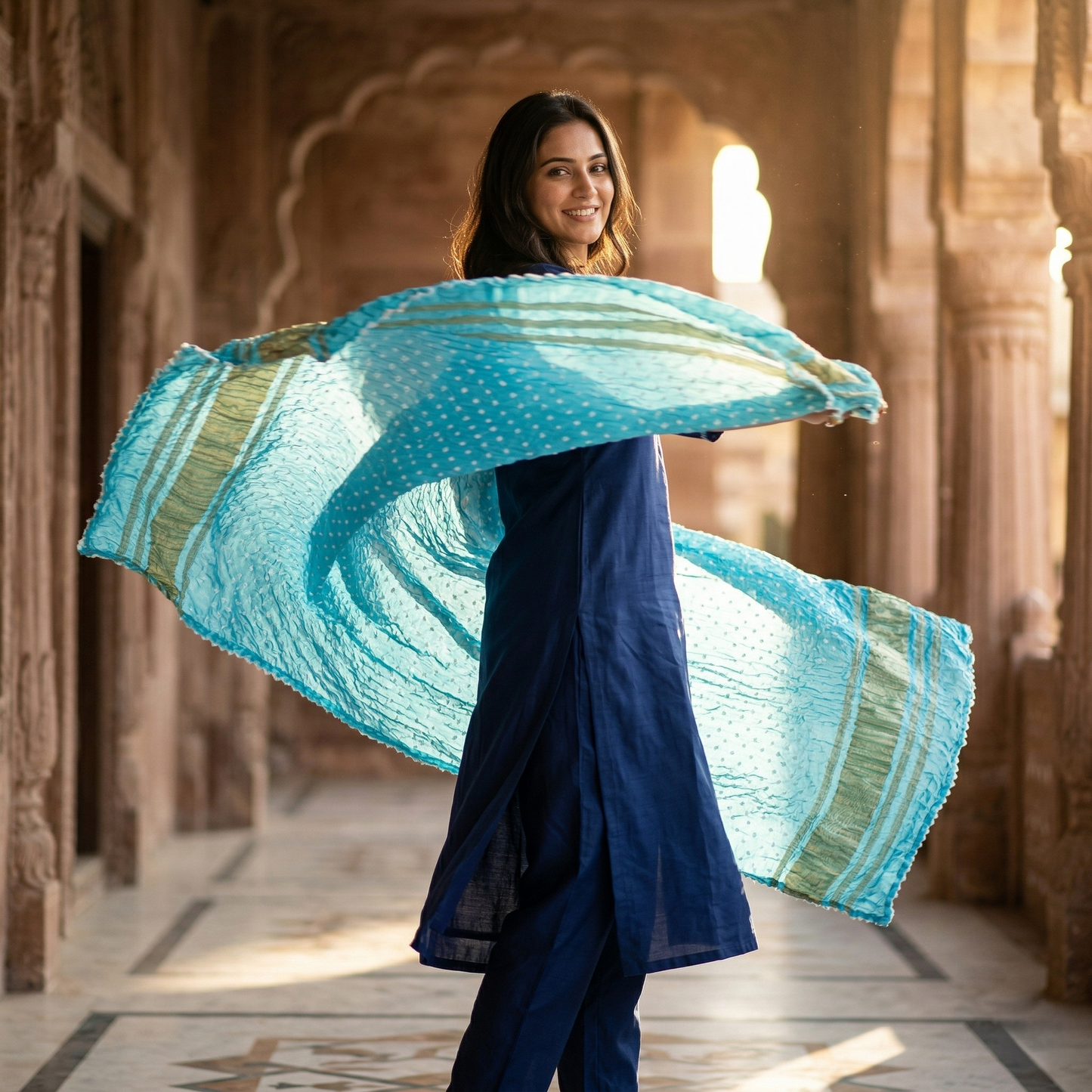 Cerulean Bandhani Silk Blend Artisanal Dupatta