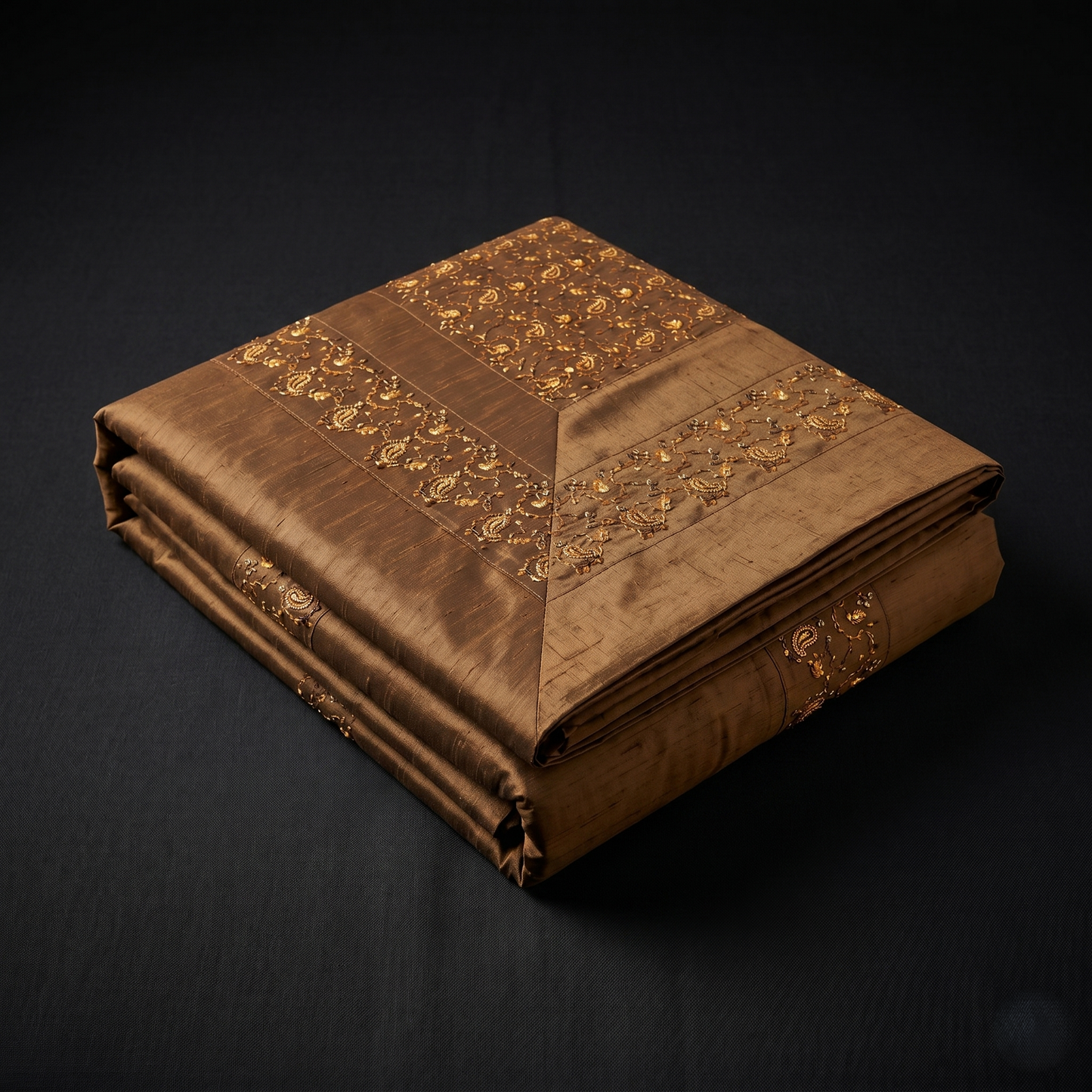 Royal Gold Embroidered Brown Silk Bedcover