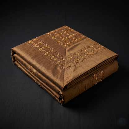 Royal Gold Embroidered Brown Silk Bedcover
