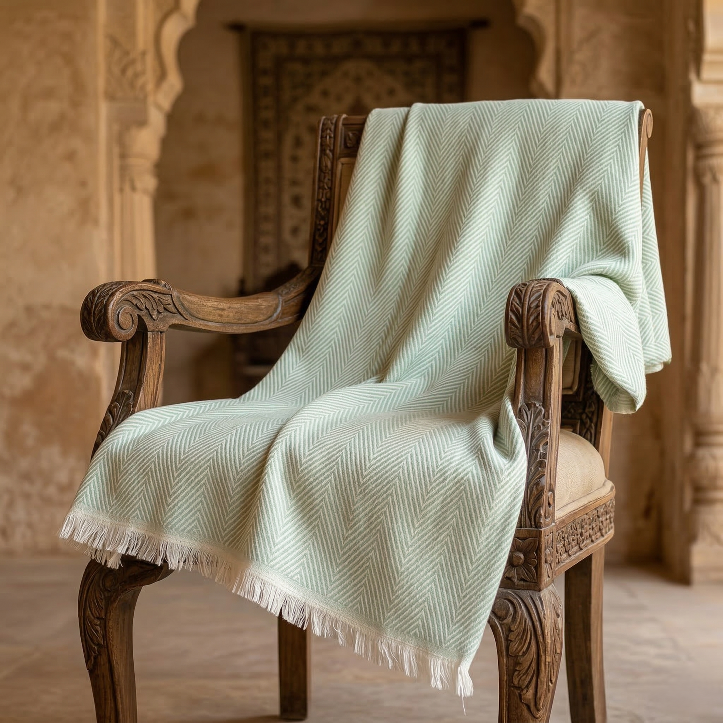 Elegant Sage Herringbone Hand Woven Blanket