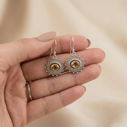 Radiant Citrine Silver Sunburst Drop Earrings