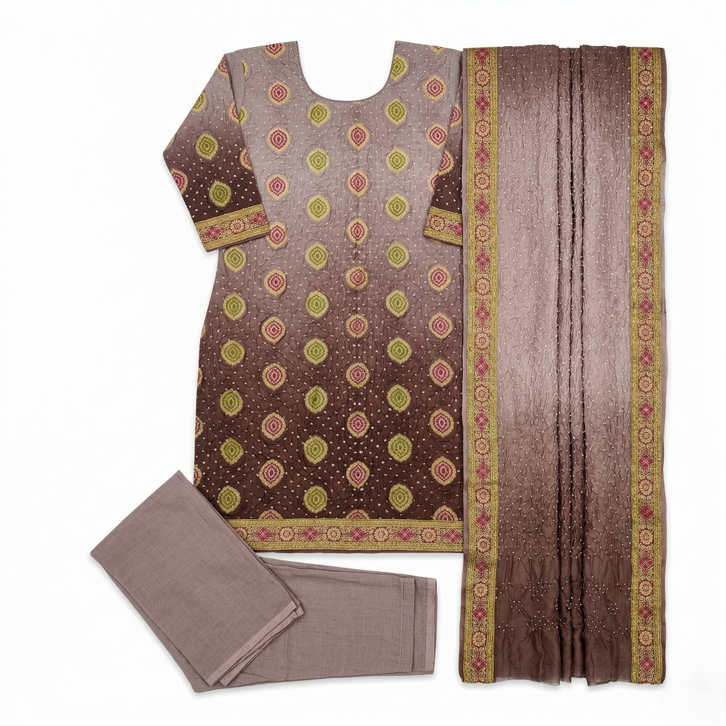 Elegant Mauve Ombre Bandhani Unstitched Suit