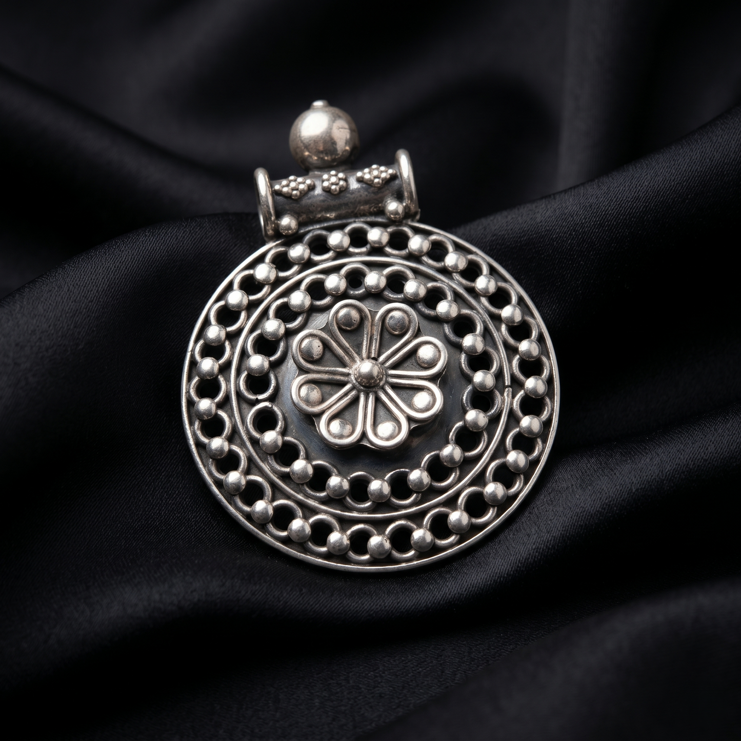 Vintage Floral Mandala Silver Artisan Pendant