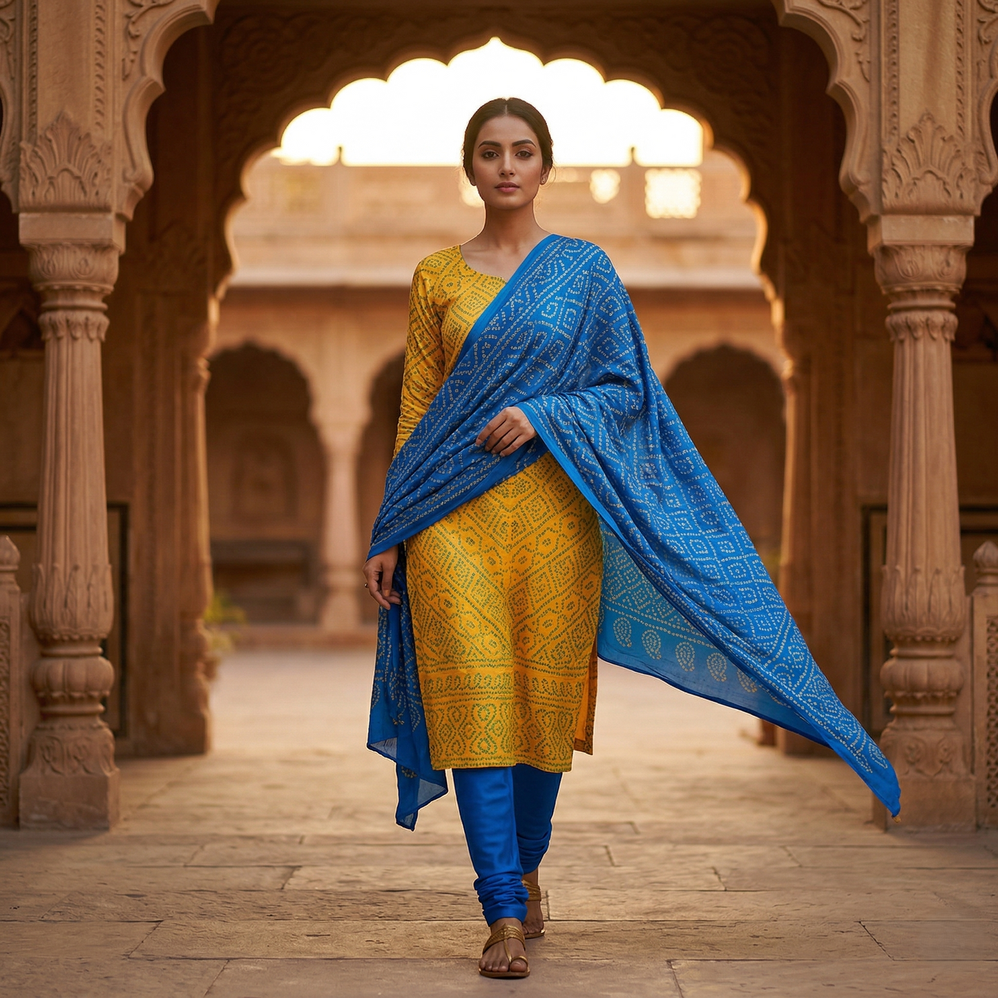 Radiant Azure & Gold Bandhani Ensemble