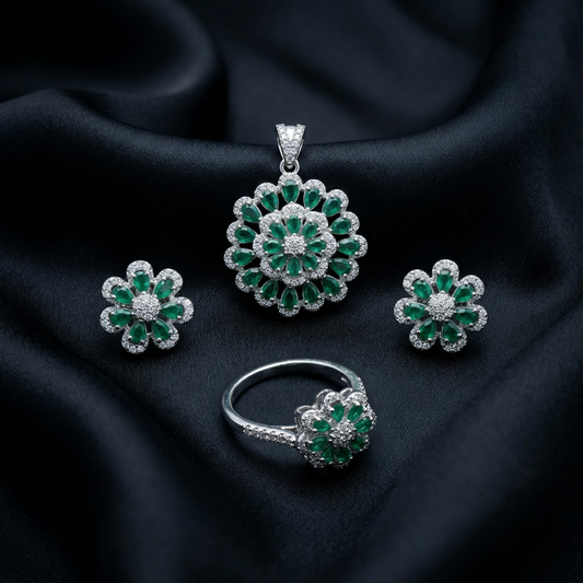 Royal Emerald Floral Silver Jewelry Set
