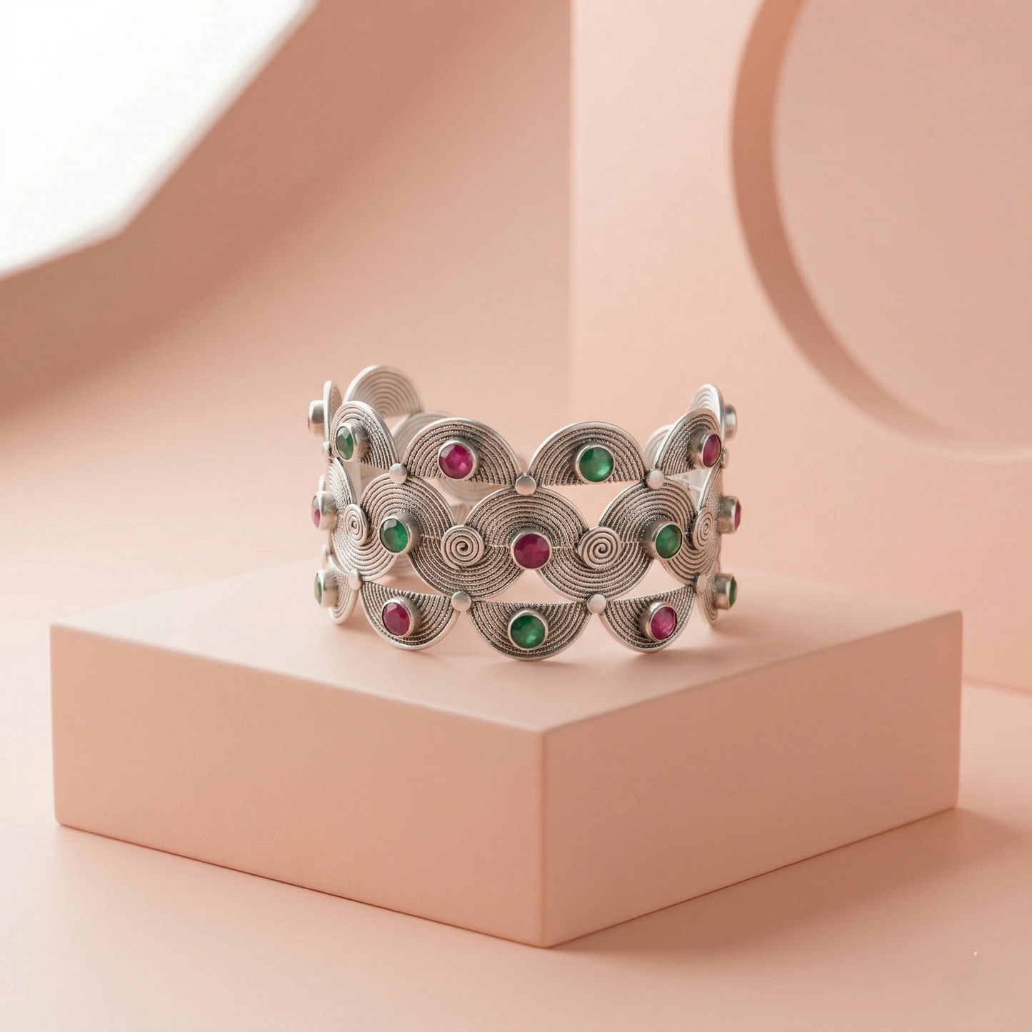 Handcrafted Silver Filigree Gemstone Cuff Kada