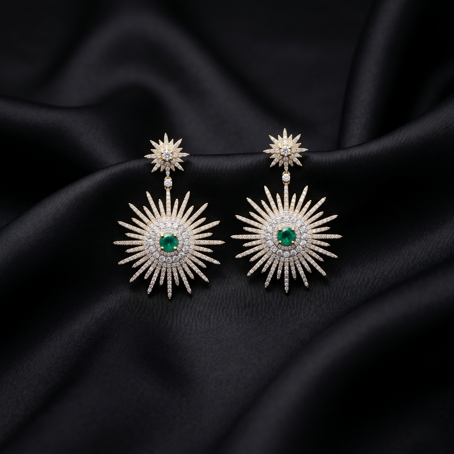 Celestial Emerald Starburst Silver Drop Earrings