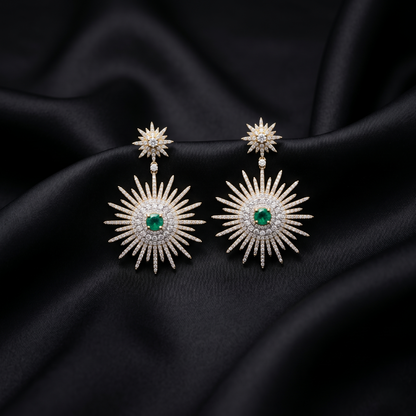 Celestial Emerald Starburst Silver Drop Earrings