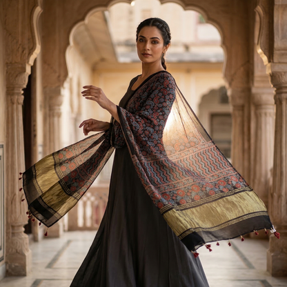 Hand-Block Ajrakh Print Silk Blend Dupatta