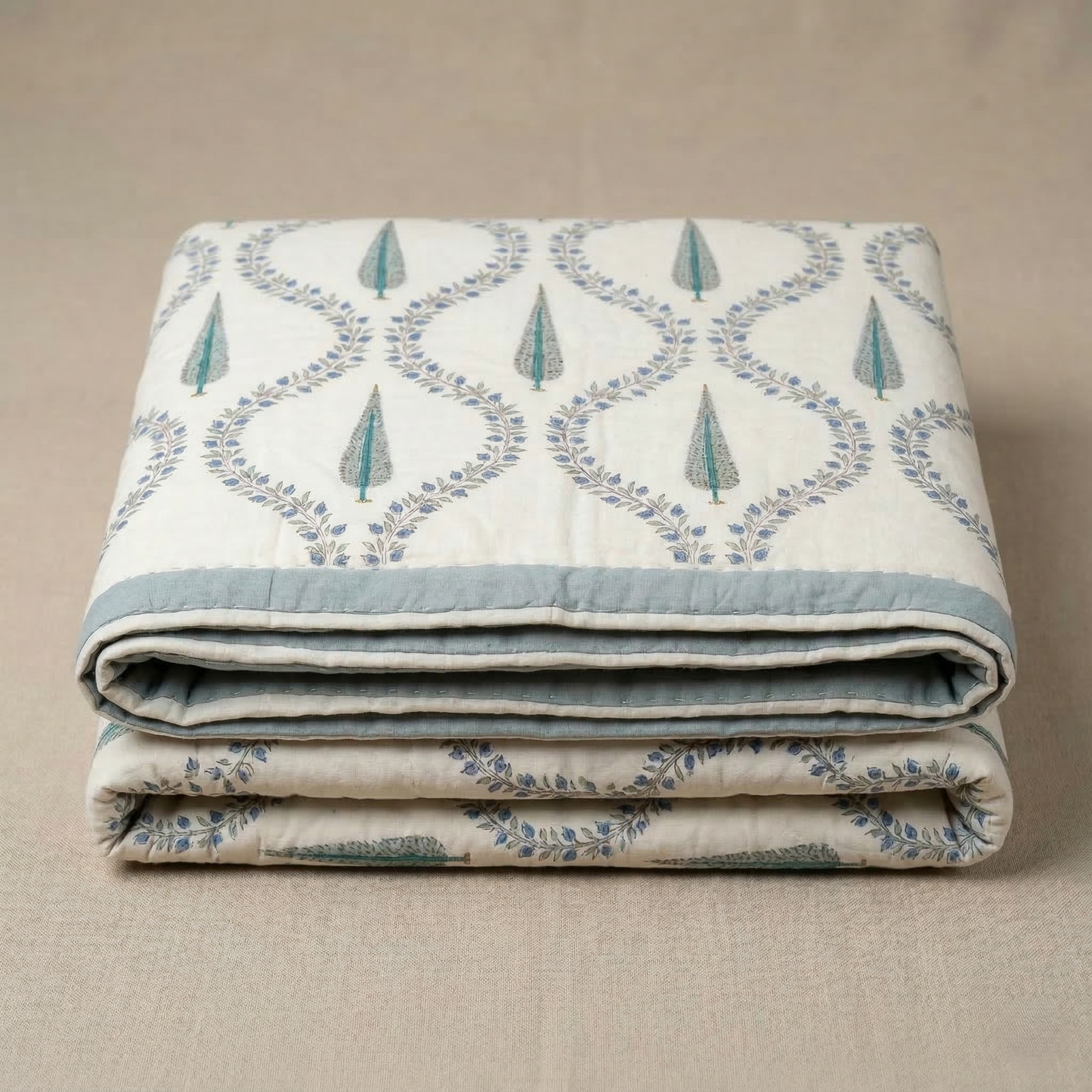 Serene Sage Cypress Hand Block Quilt