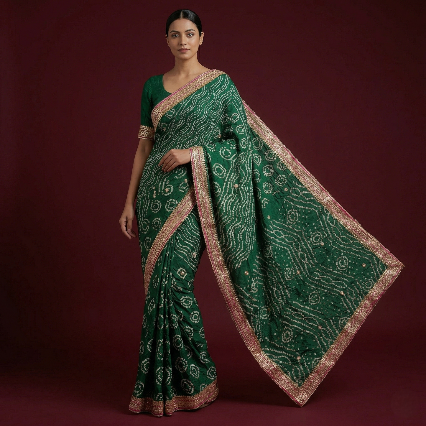 Emerald Bandhani Saree with Gota Border
