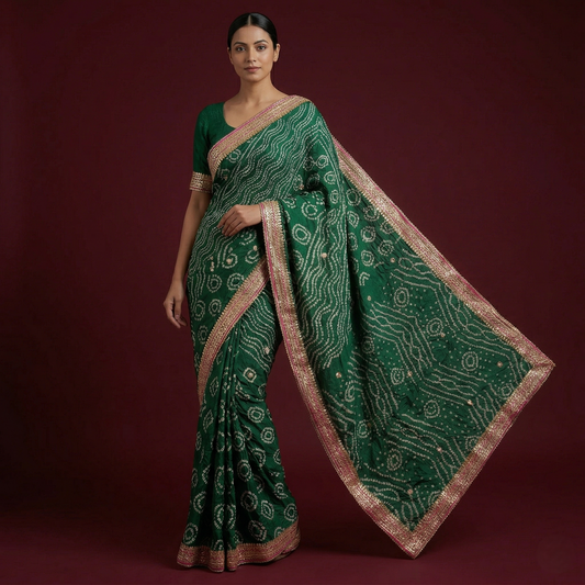 Emerald Bandhani Saree with Gota Border