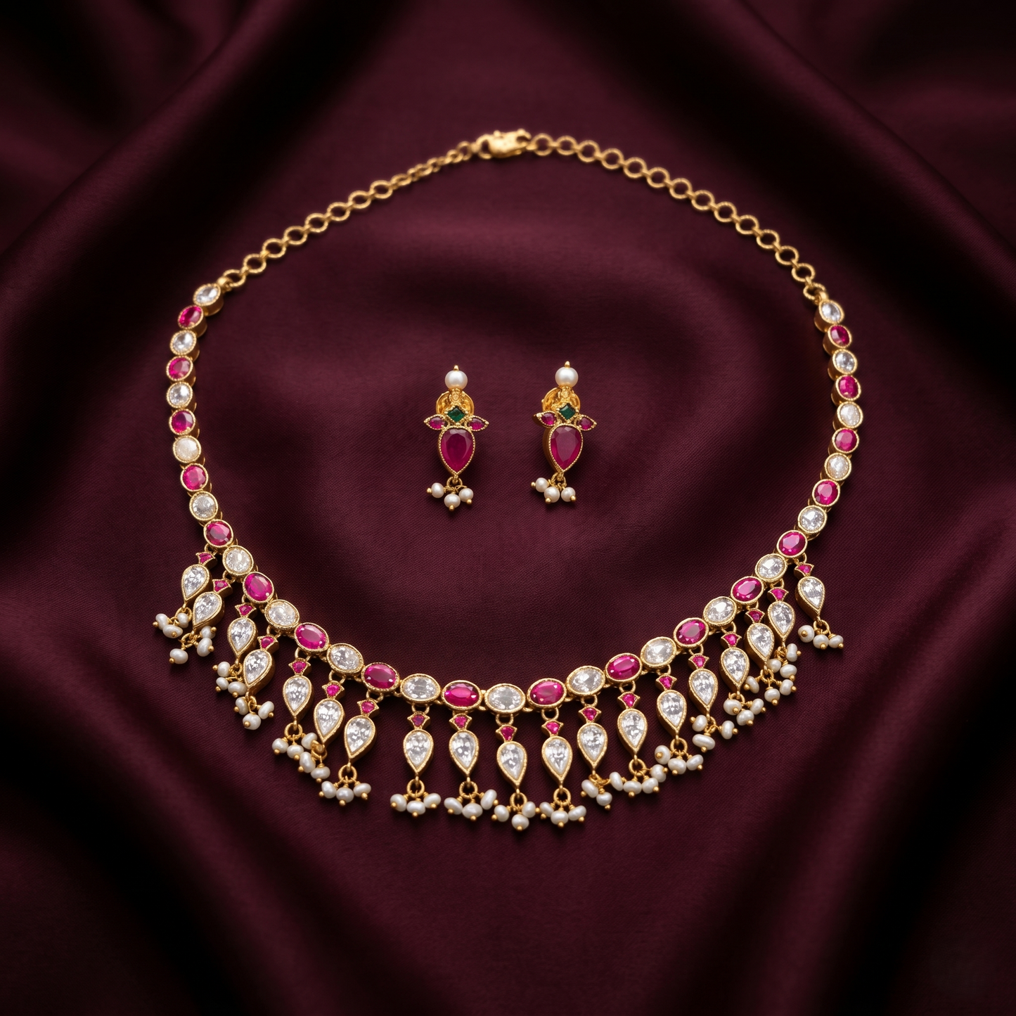 Exquisite Ruby Floral Silver Necklace Set