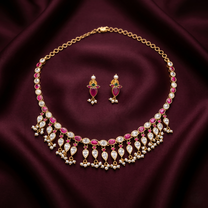 Exquisite Ruby Floral Silver Necklace Set