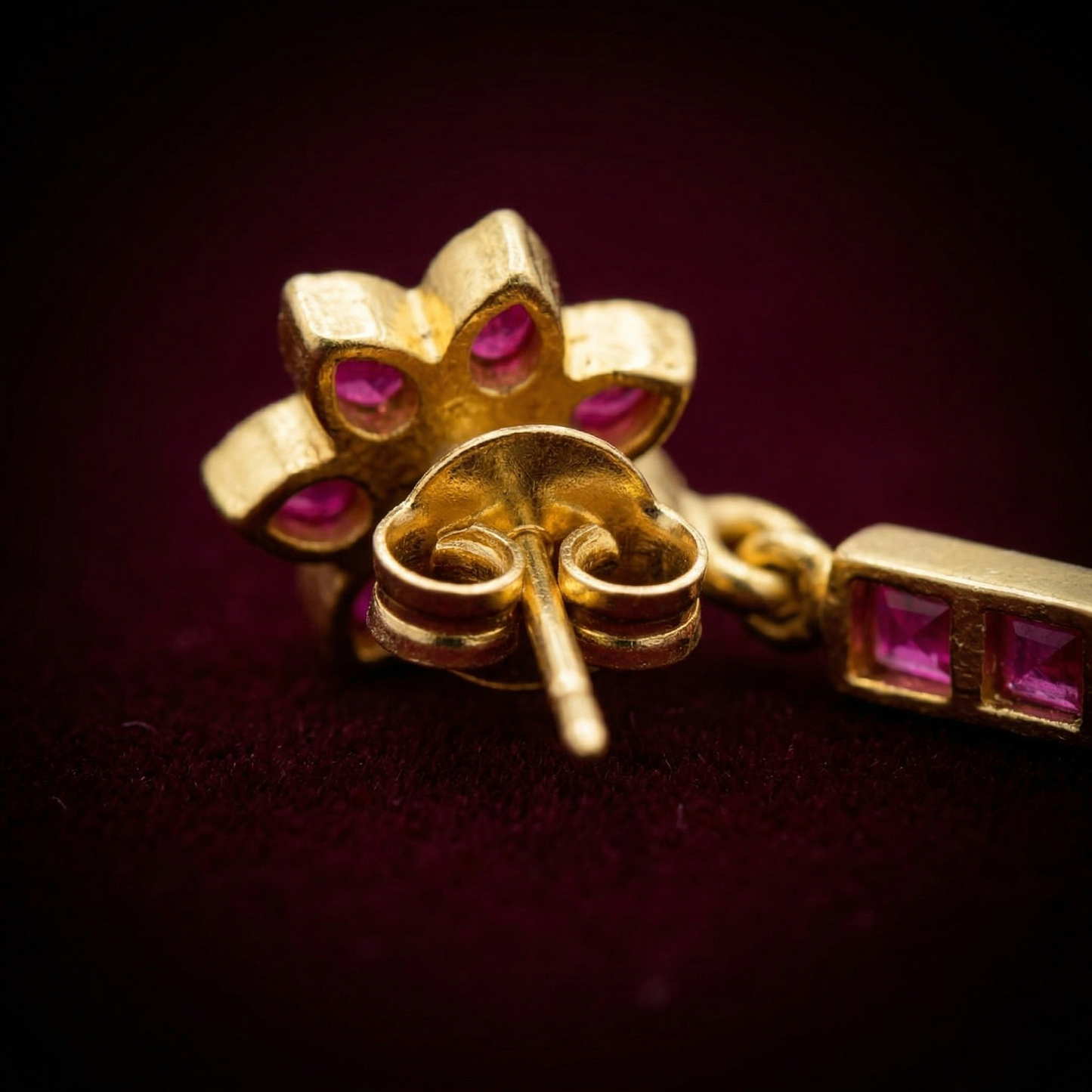 Ruby Studded Floral Gold Plated Silver Drops