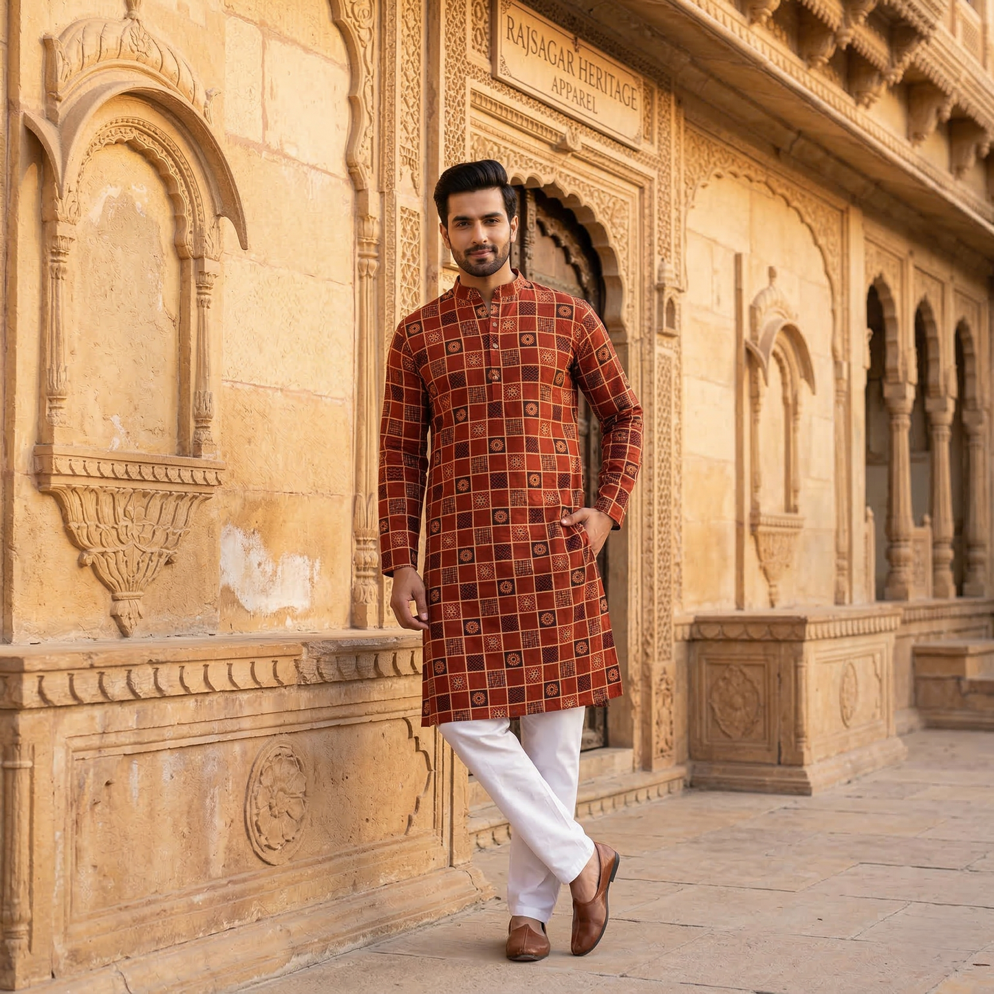Earthy Ajrakh Print Men's Cotton Kurta