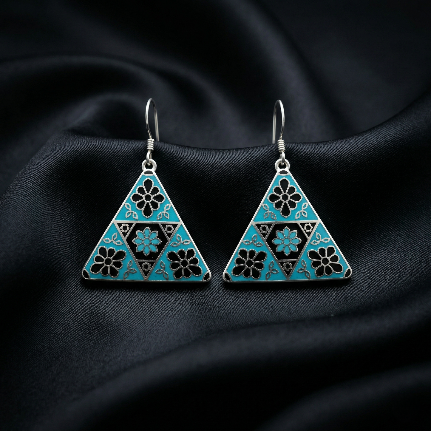Turquoise Floral Triangle Silver Drop Earrings
