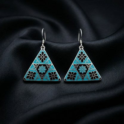 Turquoise Floral Triangle Silver Drop Earrings