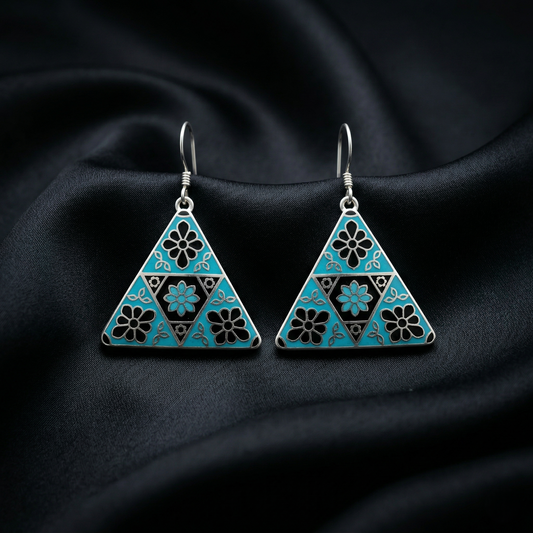 Turquoise Floral Triangle Silver Drop Earrings