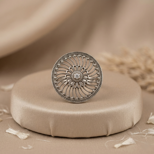 Floral Filigree Silver Mandala Statement Ring