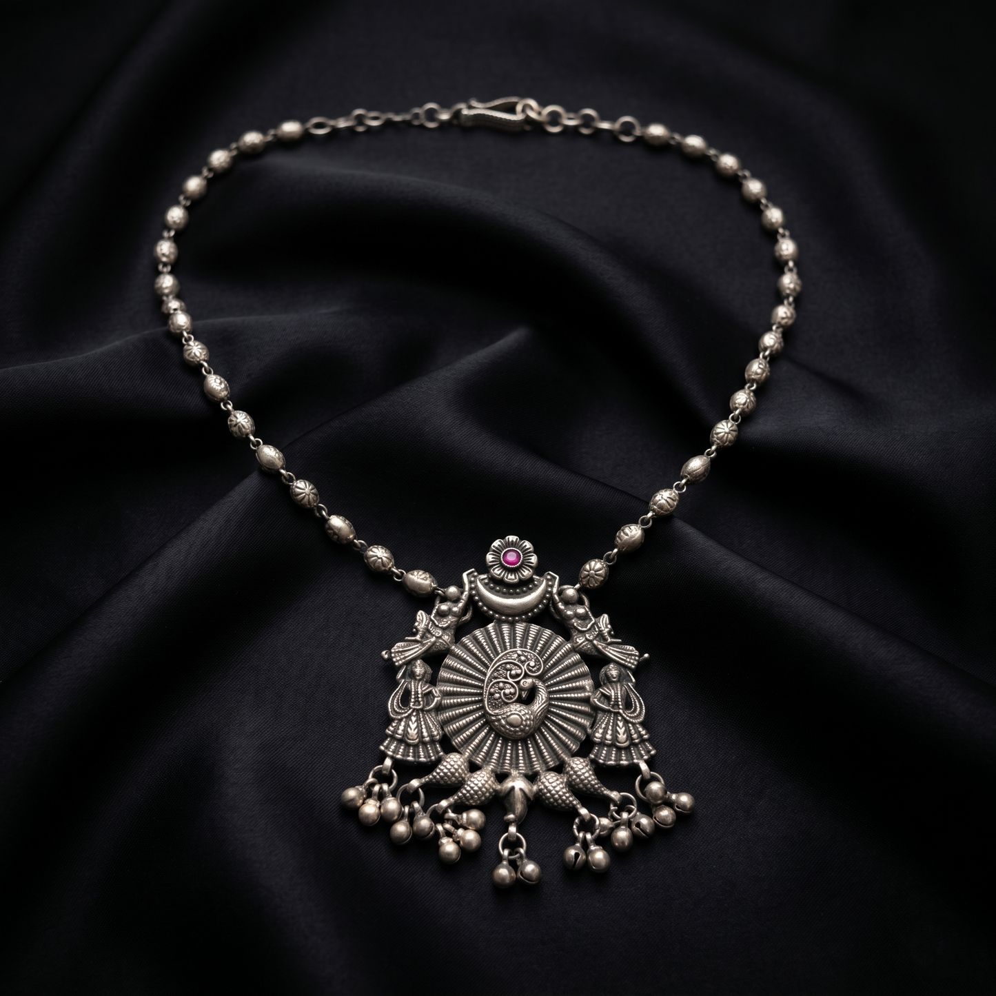 Ornate Oxidized Silver Peacock Statement Necklace