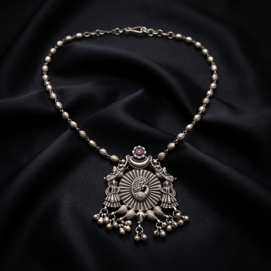 Ornate Oxidized Silver Peacock Statement Necklace