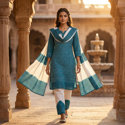 Azure Bloom Bandhani Unstitched Suit Set