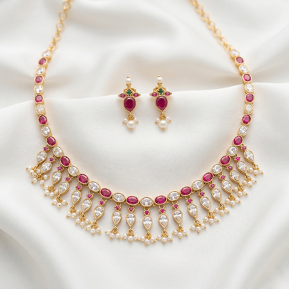 Exquisite Ruby Floral Silver Necklace Set