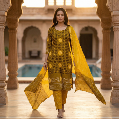 Mustard Bandhani Unstitched Cotton Suit