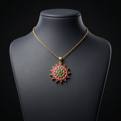Artisan Ruby Emerald Floral Silver Pendant