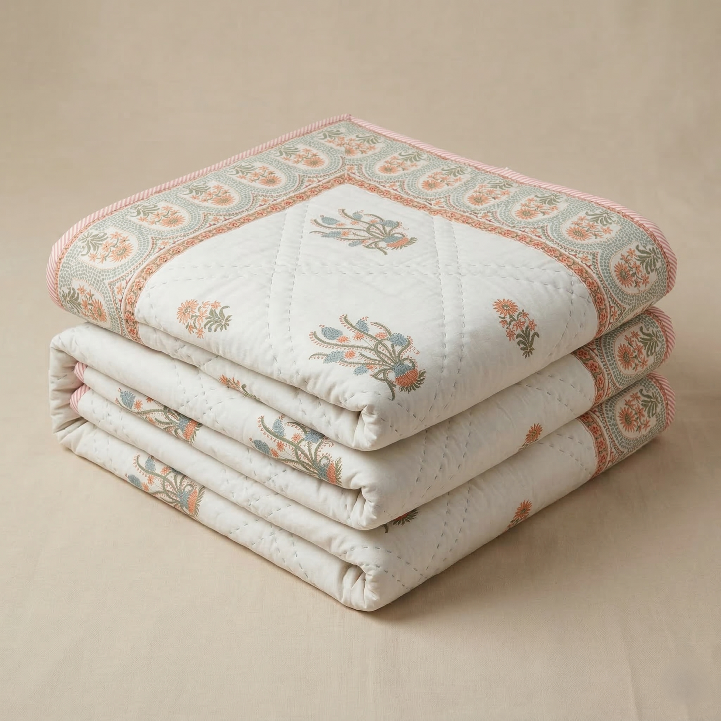 Hand Block Floral Cotton Coverlet Quilt