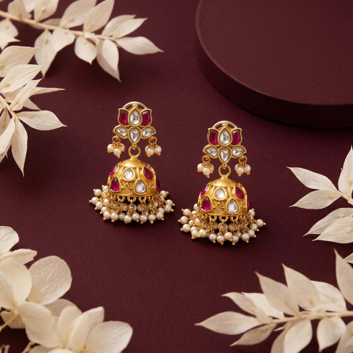Kundan Lotus Motif Gold Plated Jhumkas