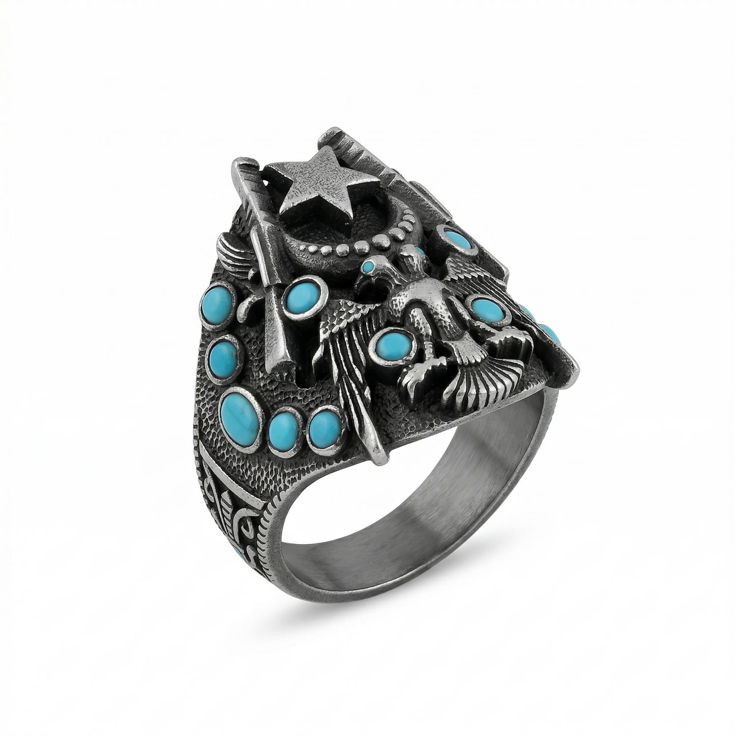 Silver Ottoman Eagle Star Turquoise Ring