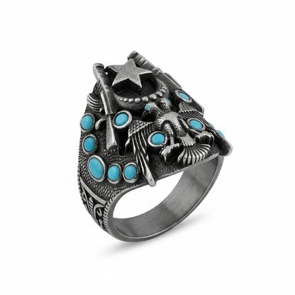 Silver Ottoman Eagle Star Turquoise Ring