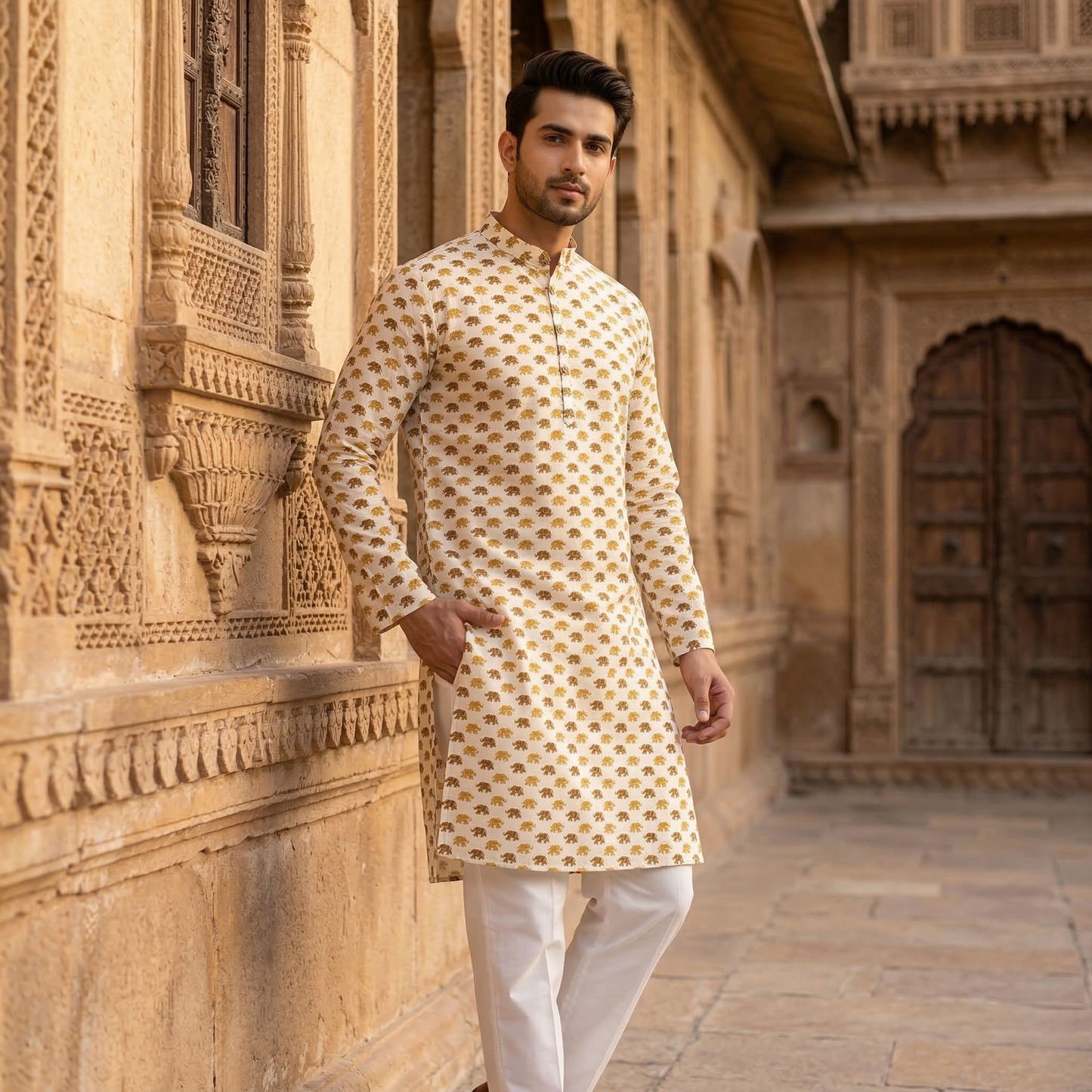 Royal Ivory Elephant Block Print Kurta
