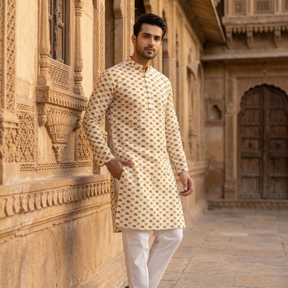 Royal Ivory Elephant Block Print Kurta