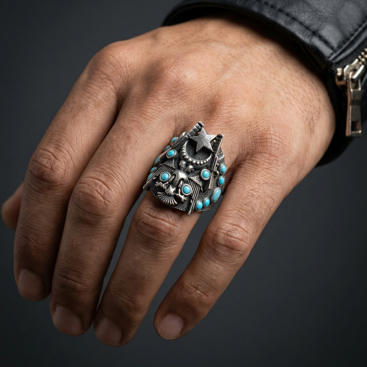 Silver Ottoman Eagle Star Turquoise Ring