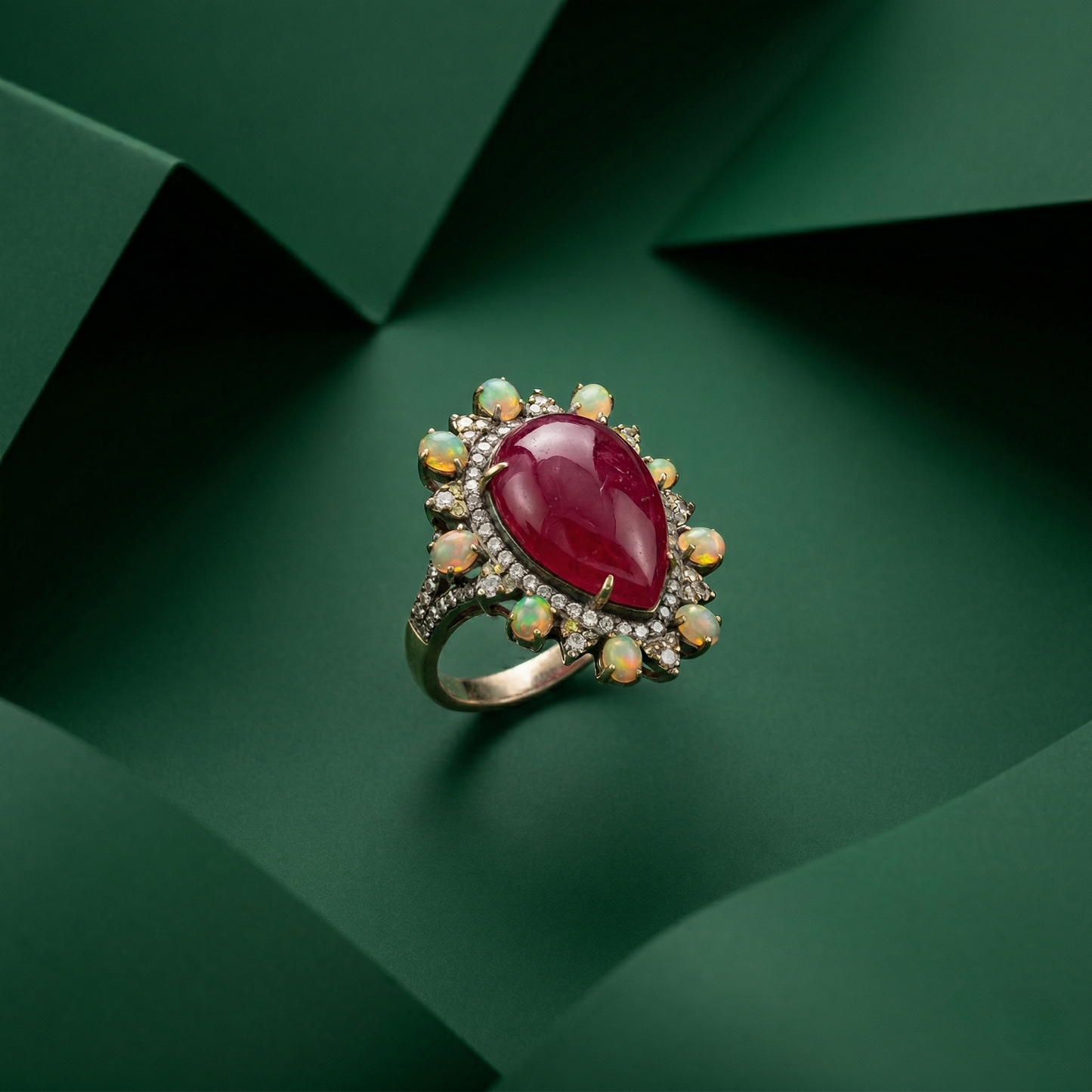 Silver Ruby Pear & Opal Halo Ring